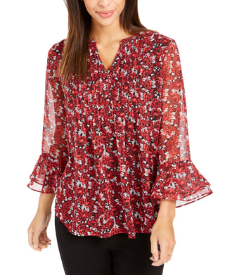 Charter Club Women's Floral Pintuck Top Red Size X-Small