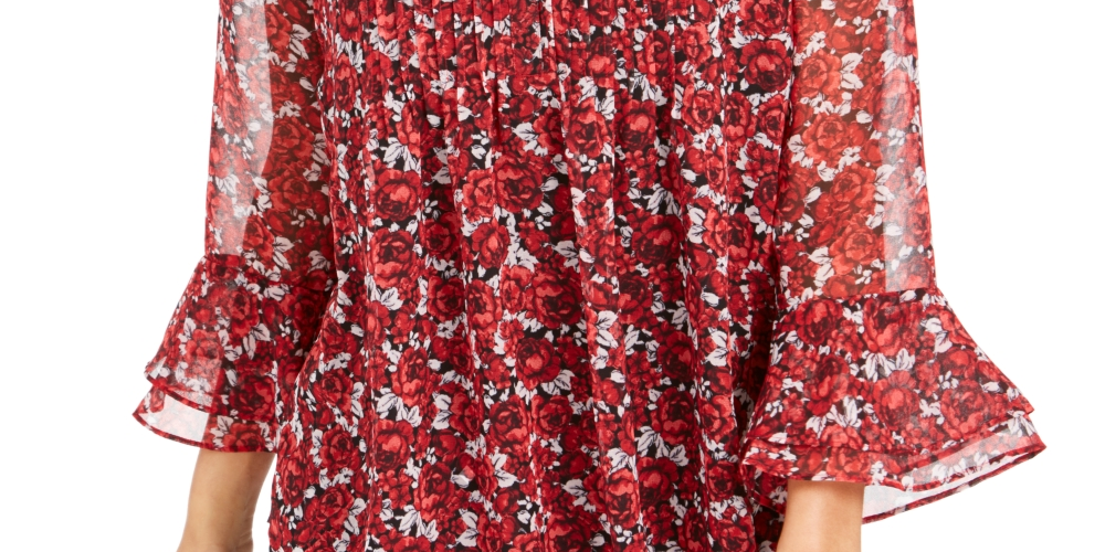 Charter Club Women's Floral Pintuck Top Red Size X-Small