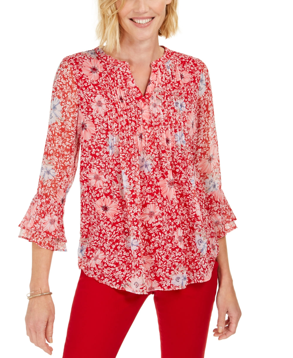Charter Club Women's Printed Split Neck Top Red Size Small