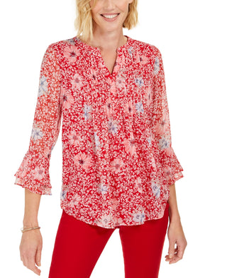 Charter Club Women's Printed Split Neck Top Red Size Small