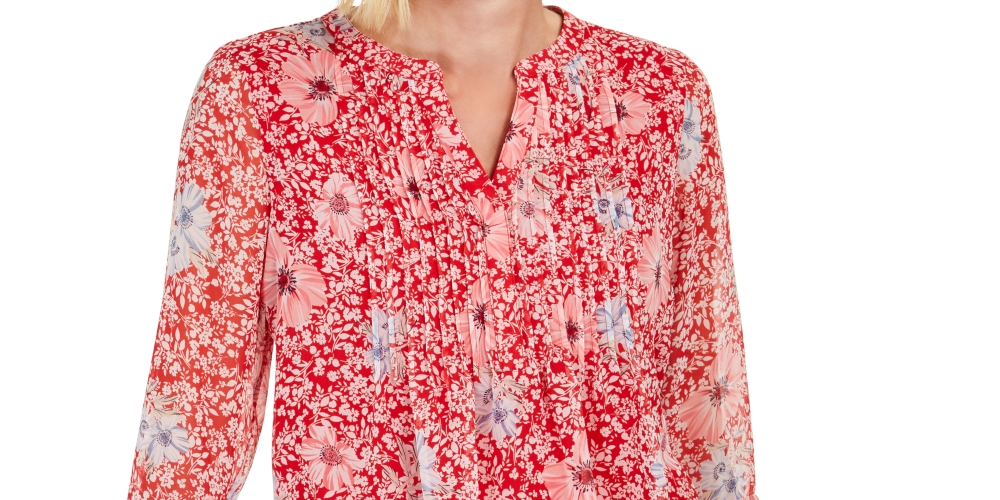 Charter Club Women's Printed Split Neck Top Red Size Small