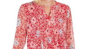 Charter Club Women's Printed Split Neck Top Red Size Small