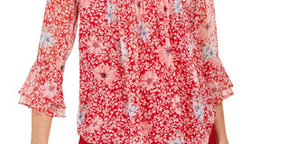 Charter Club Women's Printed Split Neck Top Red Size Small