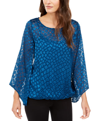 Alfani Women's Snakeskin Print Bubble Blouse  Blue Size -Petite L