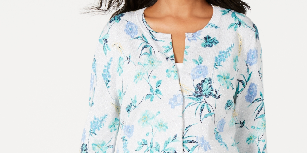 Charter Club Women's Floral Print Cardigan Gray Size Petite Small