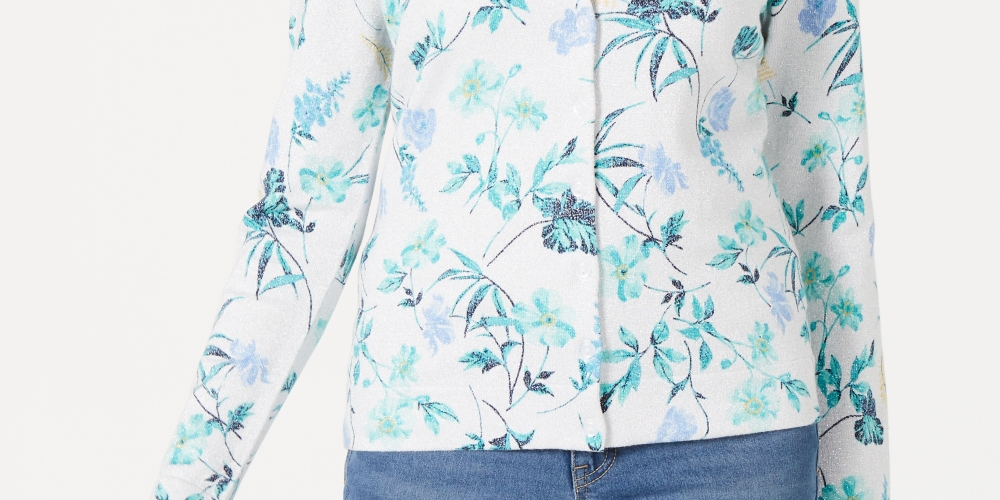 Charter Club Women's Floral Print Cardigan Gray Size Petite Small