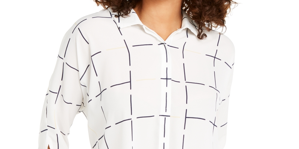 Alfani Women's Printed Tie Cuff Top White Size Petite Small