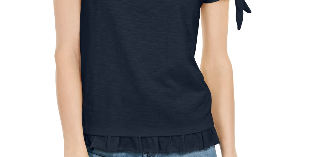 Style & Co Women's Tie Sleeve Ruffled Top Blue Size Small