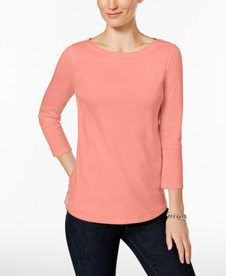 Charter Club Women's Pima Cotton Button-Shoulder Top Orange Size Petite Small