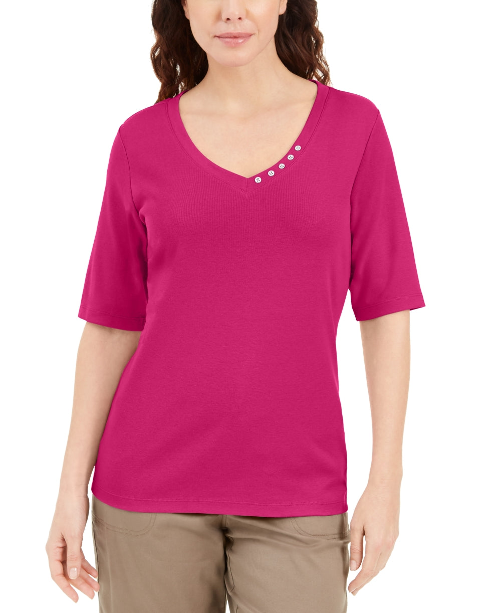 Karen Scott Women's Button Detail V Neck Top Pink Size Small