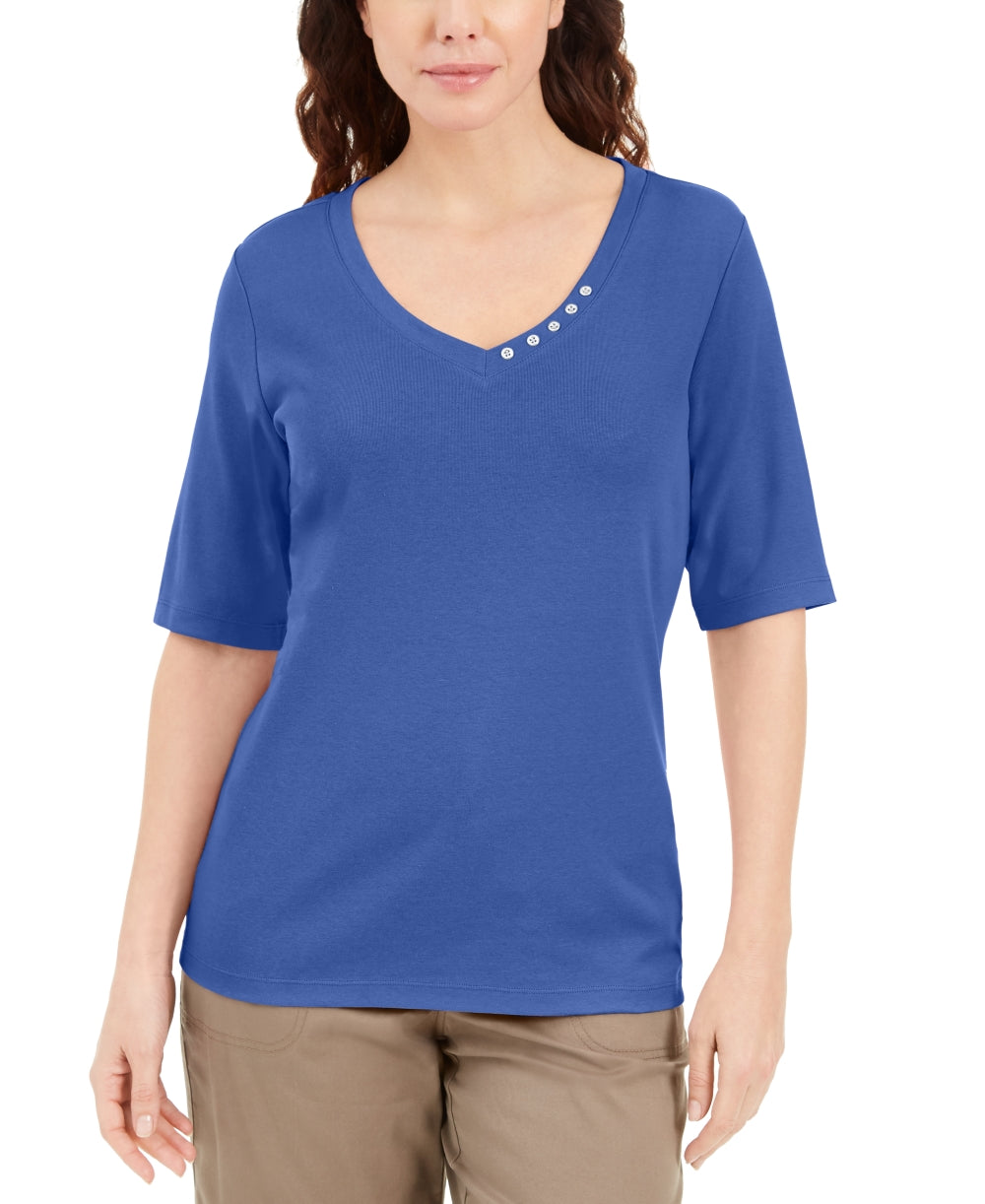 Karen Scott Women's Button Detail V Neck Top Blue Size Medium