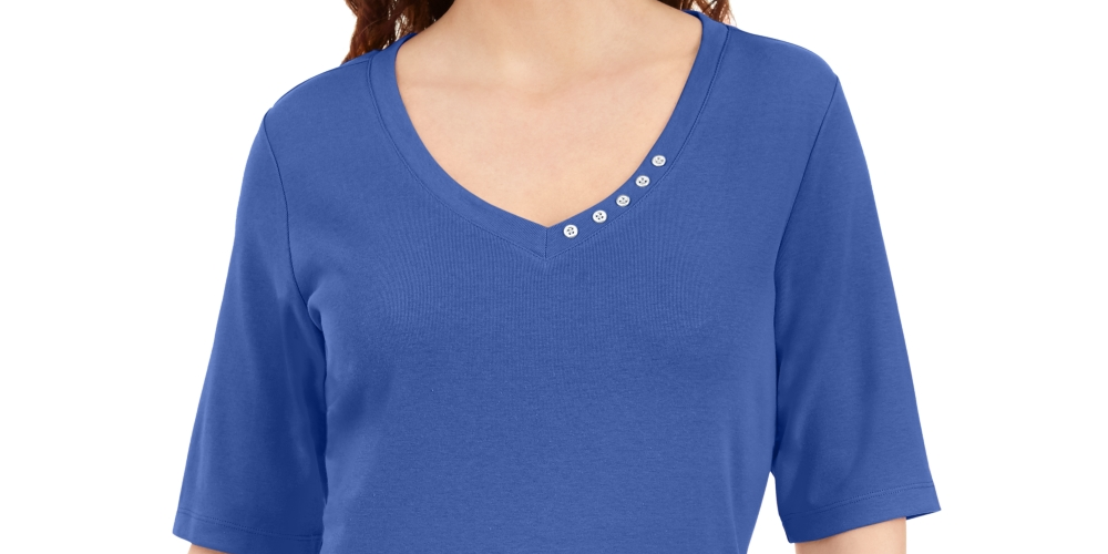 Karen Scott Women's Button Detail V Neck Top Blue Size Medium