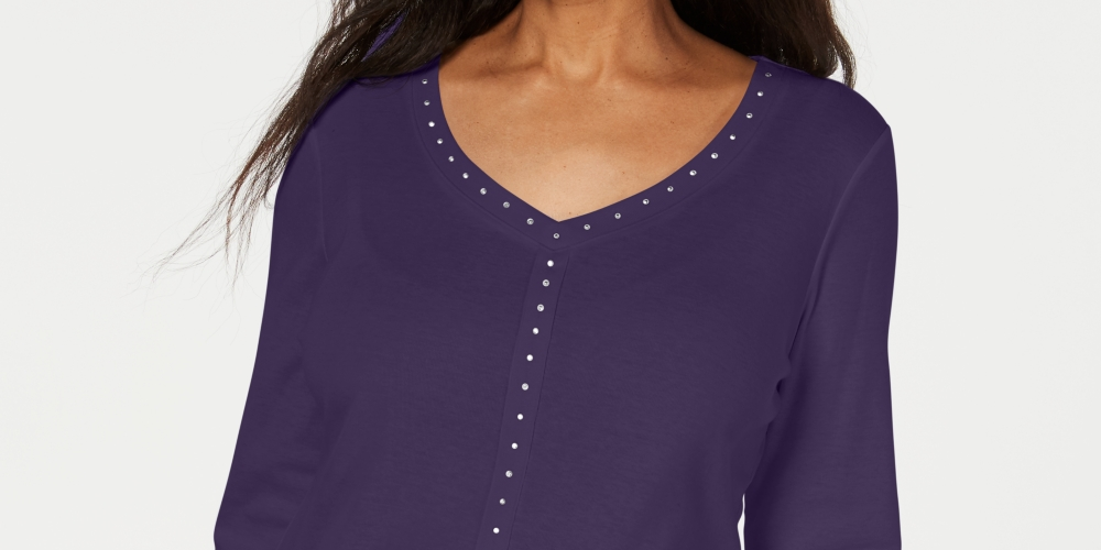 Karen Scott Women's V Neck Studded Top Purple Size XL