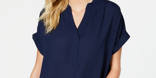 Charter Club Women's Split Neck Short Sleeve Top Blue Size PS/M