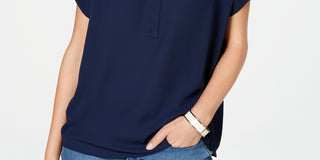 Charter Club Women's Split Neck Short Sleeve Top Blue Size PS/M