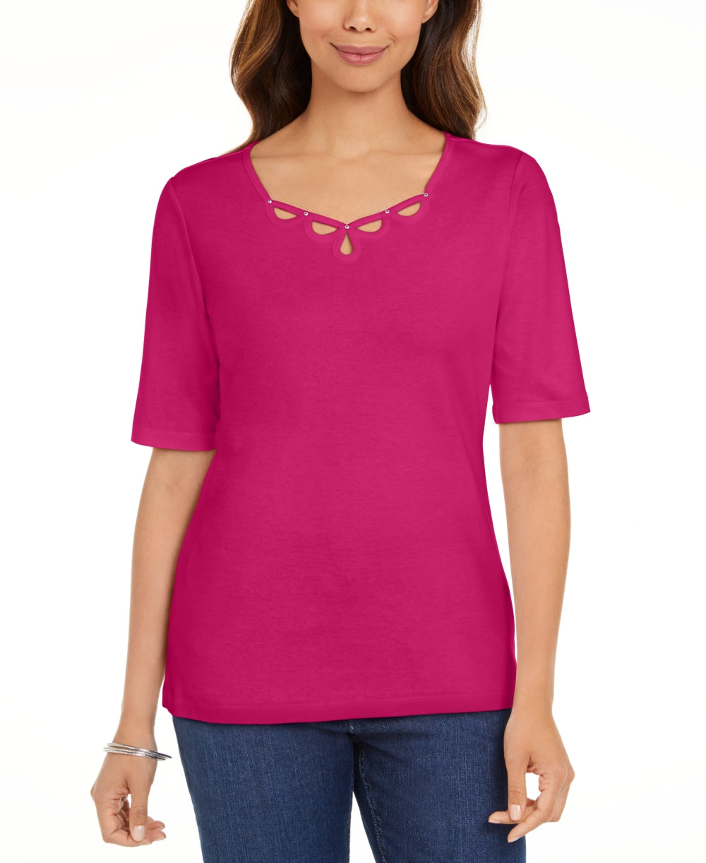 Karen Scott Women's Cotton Keyhole Top Pink Size X-Small