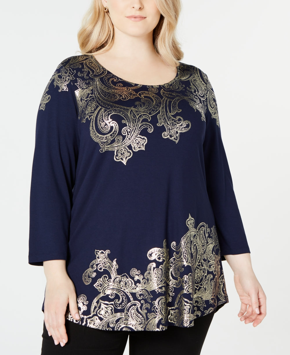 JM Collection Women's Plus Metallic Print Top Blue Size 0X