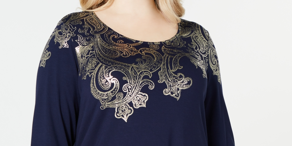 JM Collection Women's Plus Metallic Print Top Blue Size 0X