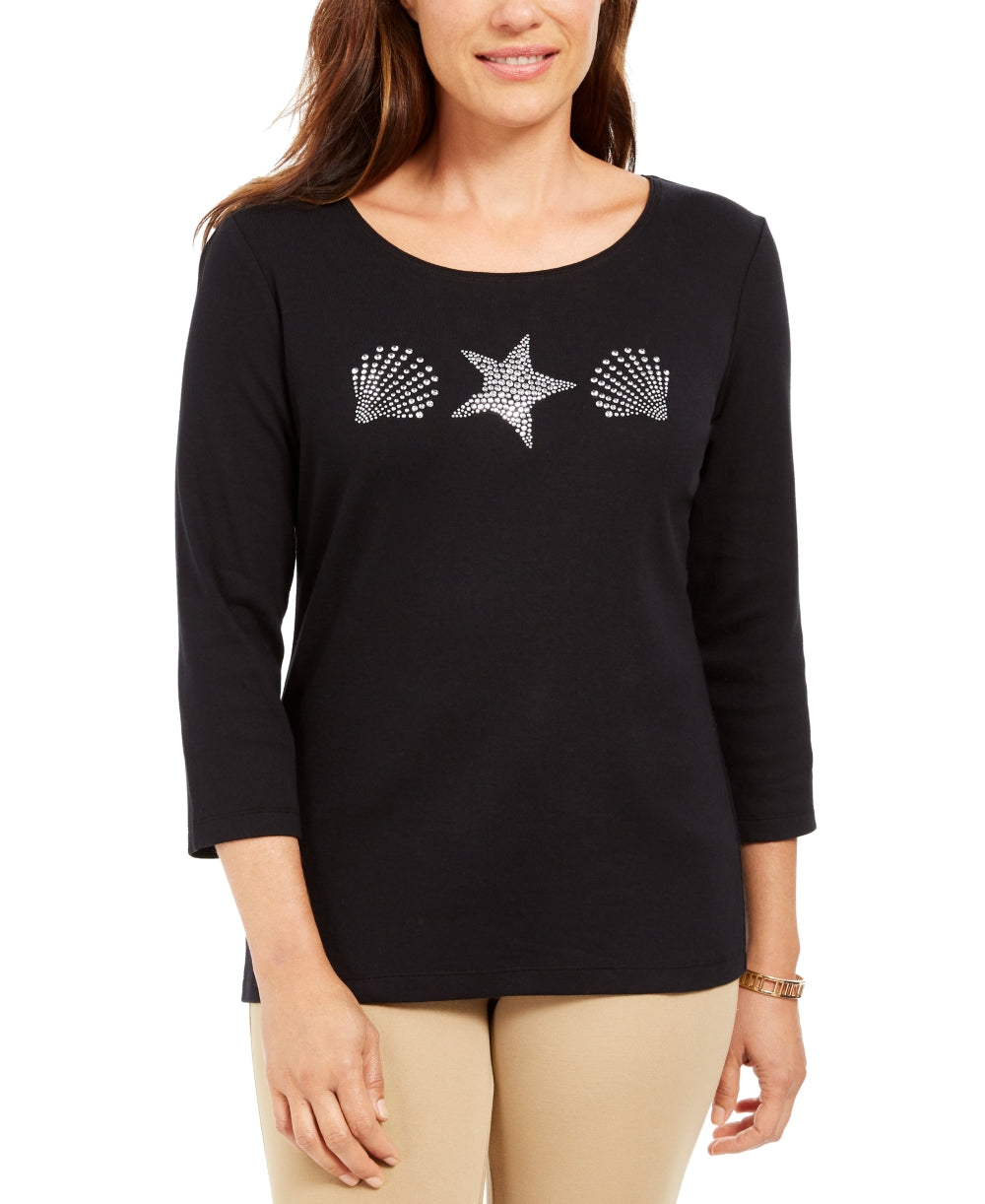 Karen Scott Women's Shell Graphic Top Black Size Petite XL
