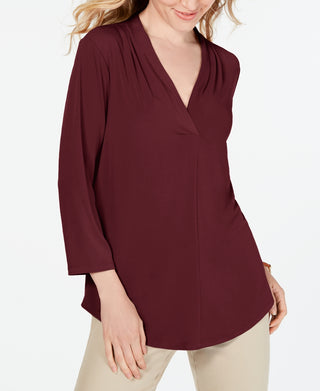 Charter Club Women's Pleat Neck 3/4-Sleeve Top Wine Size Petite L