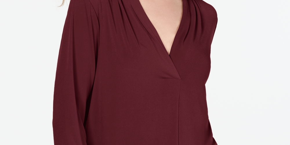 Charter Club Women's Pleat Neck 3/4-Sleeve Top Wine Size Petite L