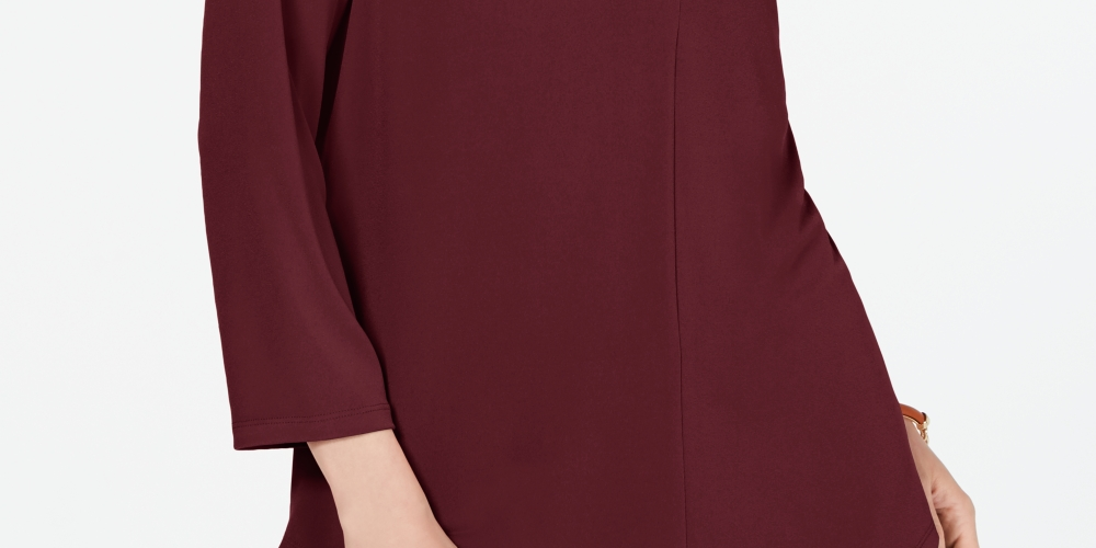 Charter Club Women's Pleat Neck 3/4-Sleeve Top Wine Size Petite L