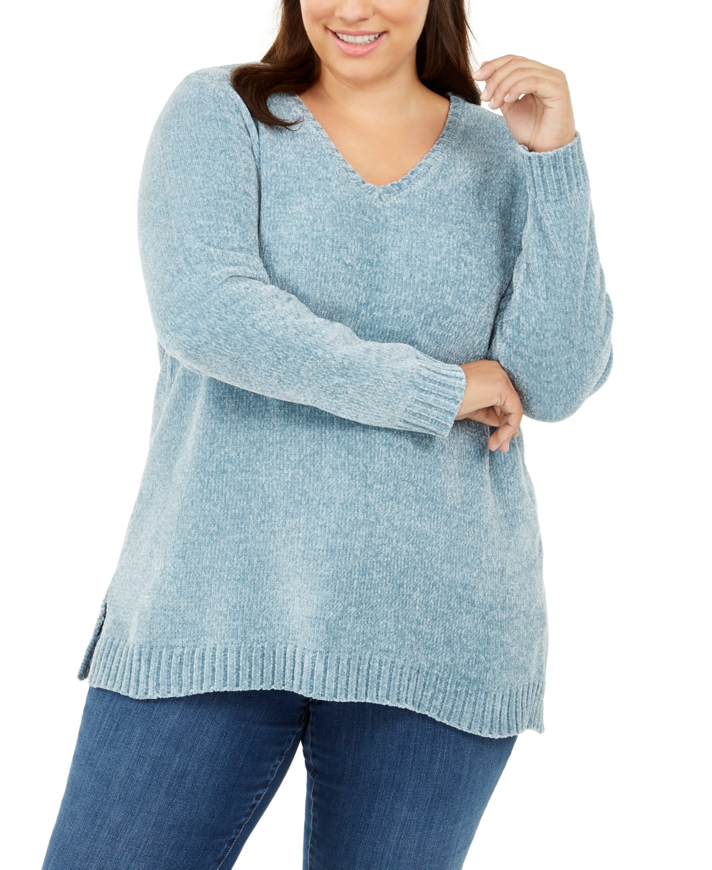 Karen Scott Women's Plus V Neck Chenille Sweater Pastel Blue Size 1X