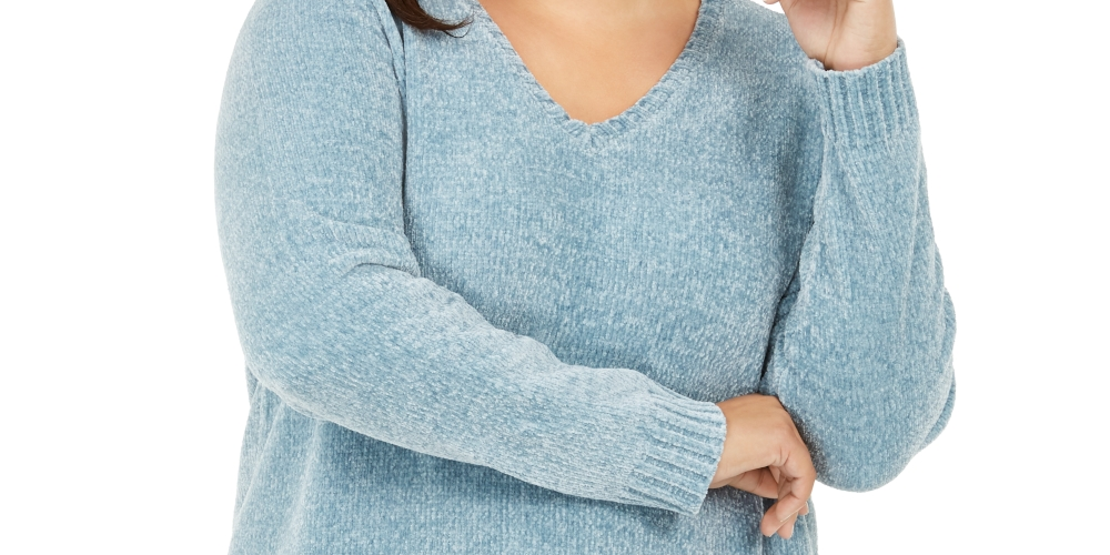 Karen Scott Women's Plus V Neck Chenille Sweater Pastel Blue Size 1X