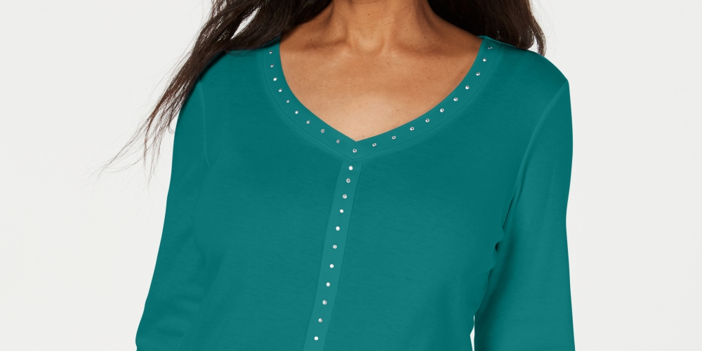 Karen Scott Women's V Neck Studded Top Blue Size X-Small