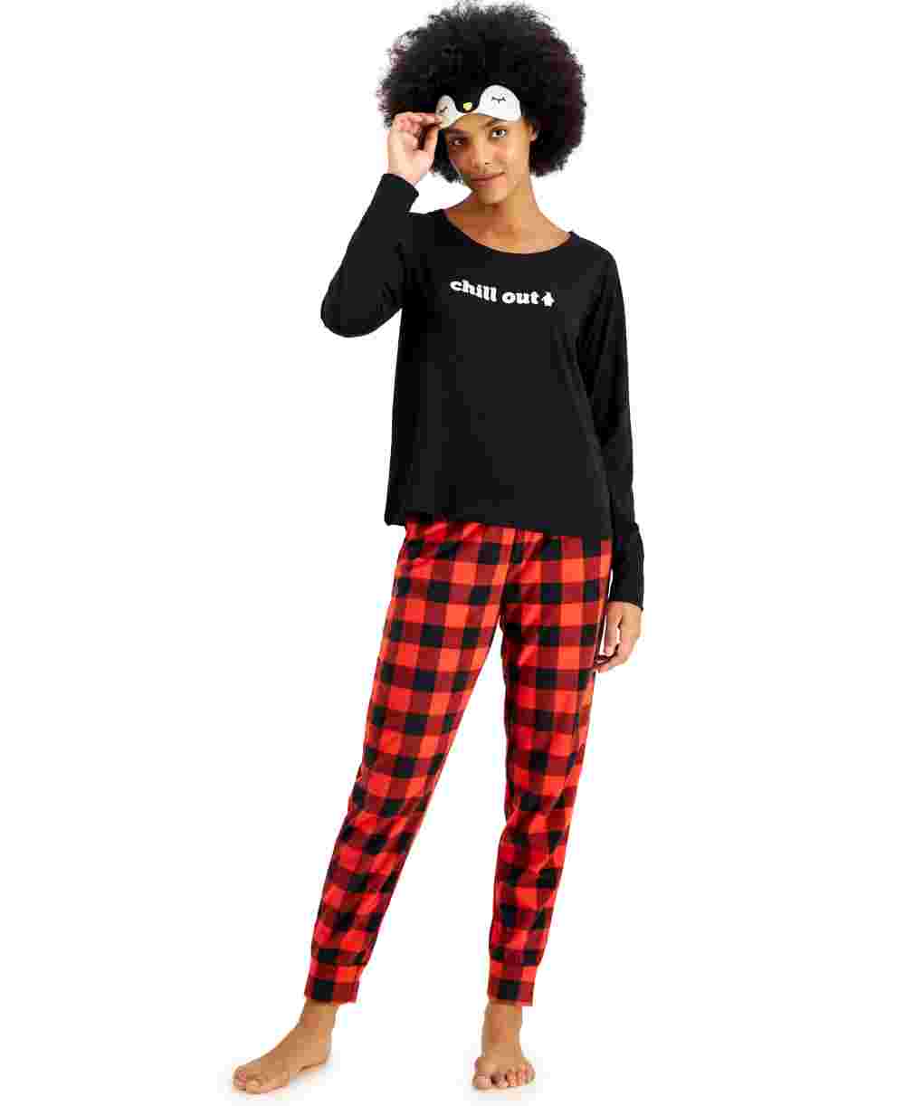 Jenni Women's Fleece Pants Pajamas & Eye Mask 3Pc Set Red Size X-Large