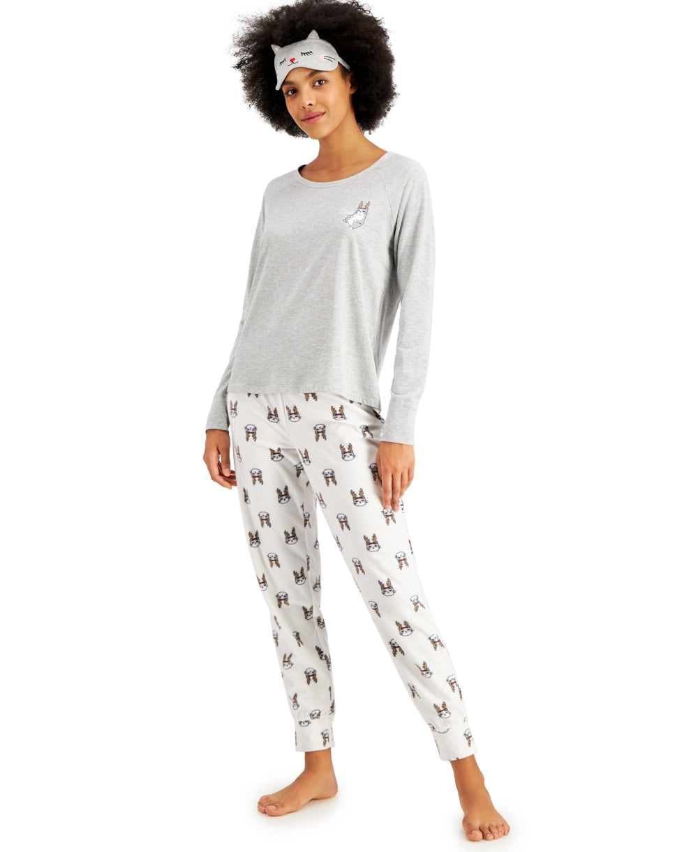 Jenni Women's Fleece Pants Pajamas & Eye Mask 3Pc Set Gray Size Large