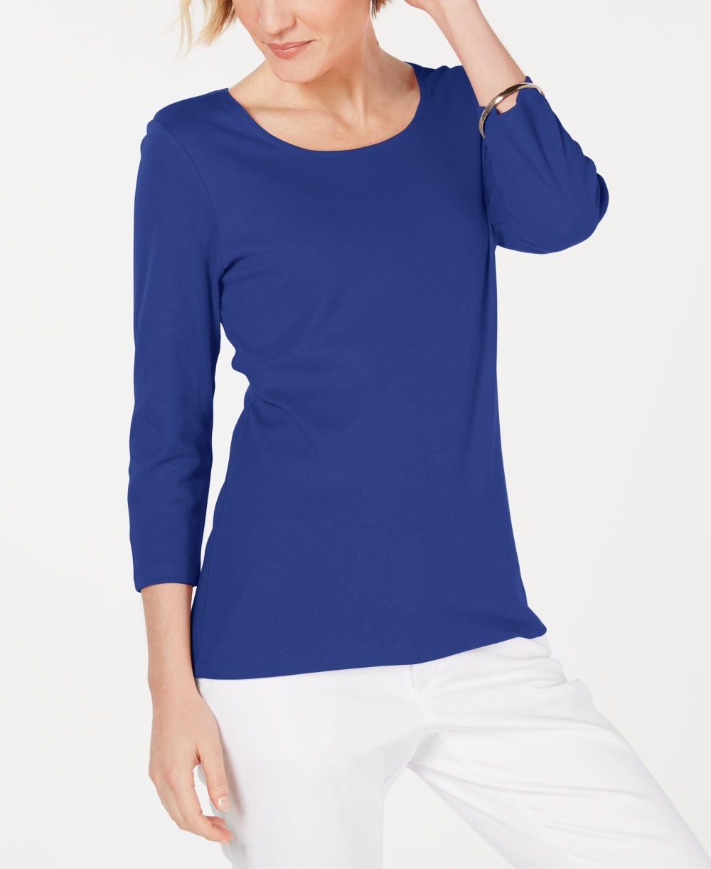 Karen Scott Women's Cotton 3/4 Sleeve Top Blue Size X-Large