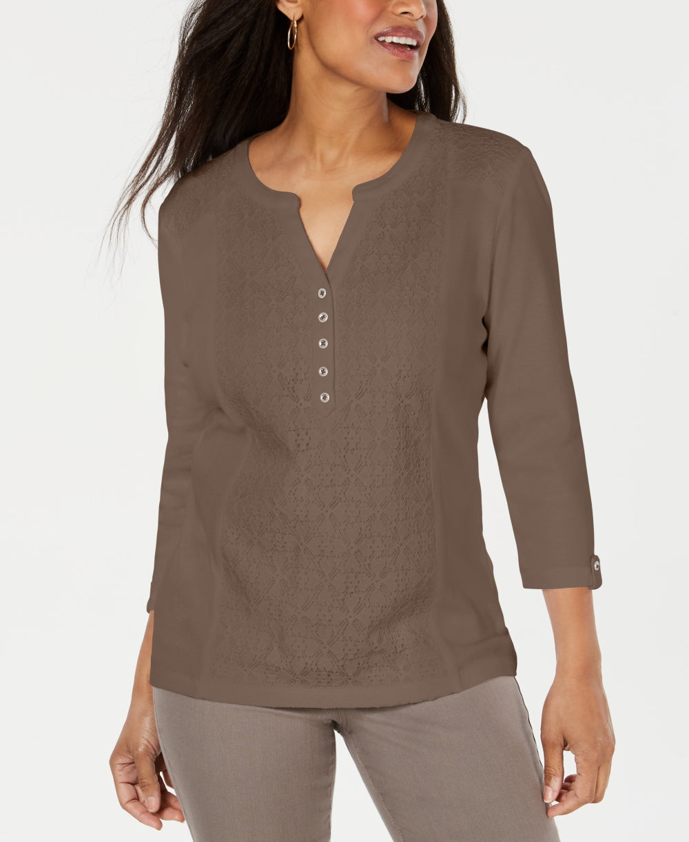 Karen Scott Women's Lace Front Henley Top Brown Size X-Small