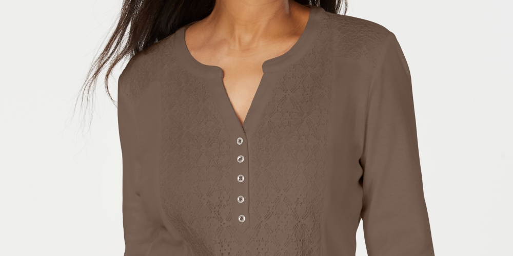 Karen Scott Women's Lace Front Henley Top Brown Size X-Small