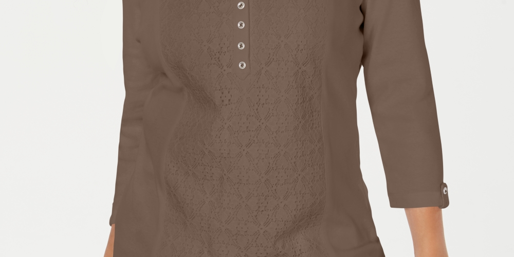 Karen Scott Women's Lace Front Henley Top Brown Size X-Small