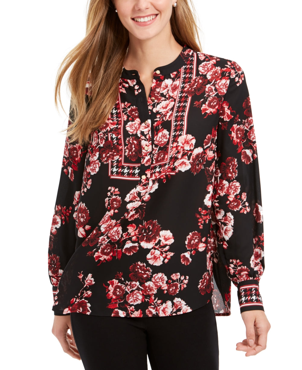 Charter Club Women's Mixed Print Henley Top Red Size Petite Small