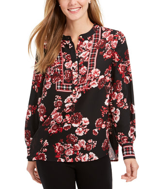 Charter Club Women's Mixed Print Henley Top Red Size Petite Small