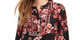 Charter Club Women's Mixed Print Henley Top Red Size Petite Small