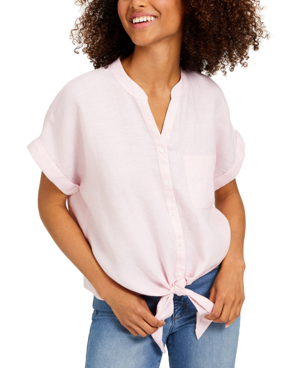 Charter Club Women's Linen Tie Front Button Up Shirt Pink Size Large