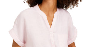 Charter Club Women's Linen Tie Front Button Up Shirt Pink Size Large