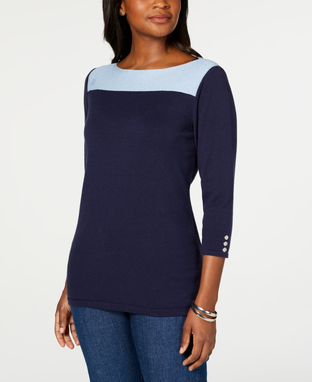 Karen Scott Women's Cotton Button Trim Sweater Blue Size Petite Small