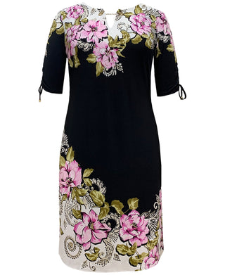 JM Collection Women's Kate Bouquet Floral Print Ruched Sleeve Dress Black Size Small