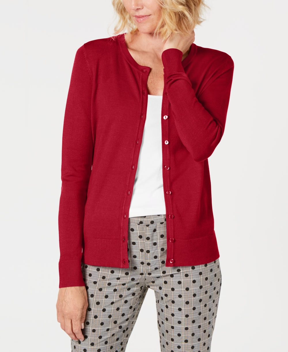 Charter Club Women's Crewneck Cardigan Red Size Petite Medium