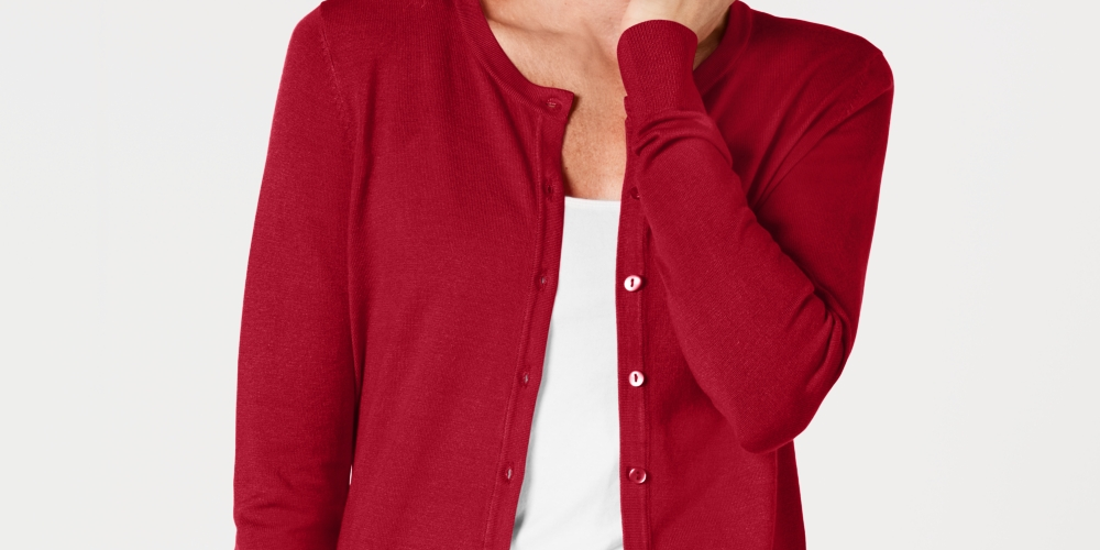 Charter Club Women's Crewneck Cardigan Red Size Petite Medium