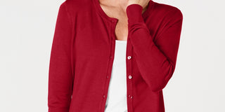 Charter Club Women's Crewneck Cardigan Red Size Petite Medium