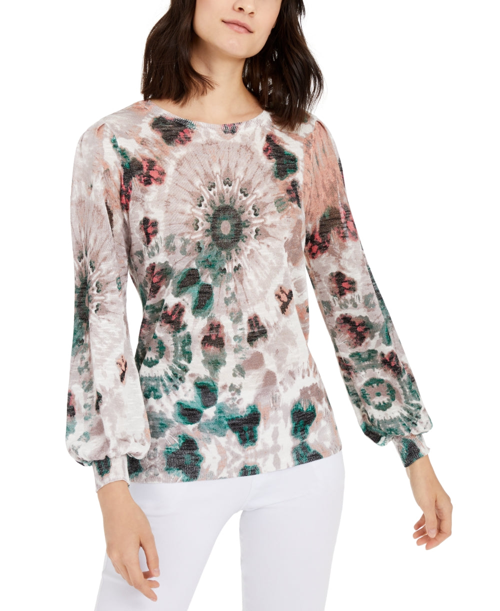 INC International Concepts Women's Printed Blouson-Sleeve Sweater Brown Size Petite M