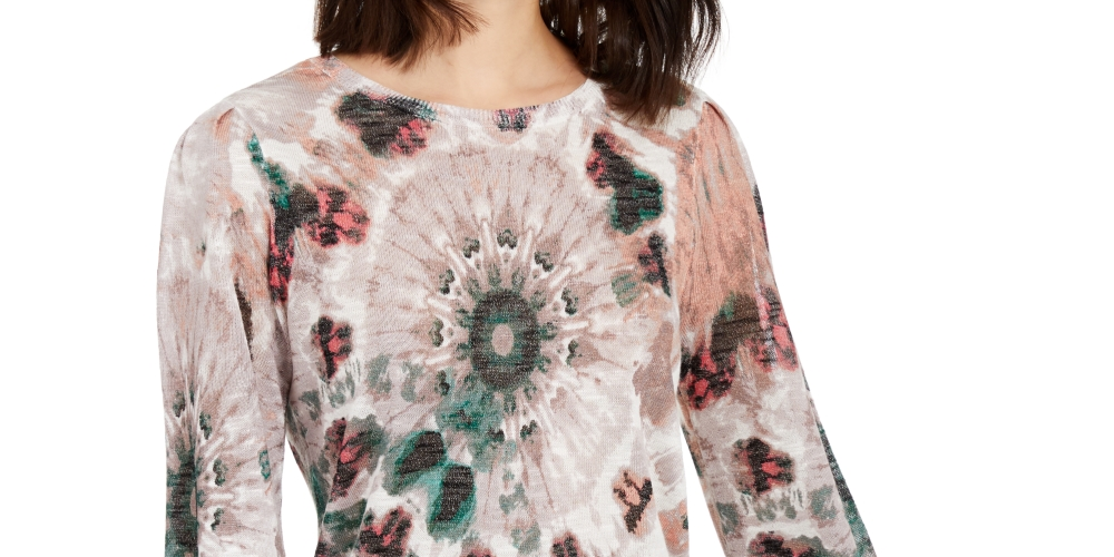 INC International Concepts Women's Printed Blouson-Sleeve Sweater Brown Size Petite M