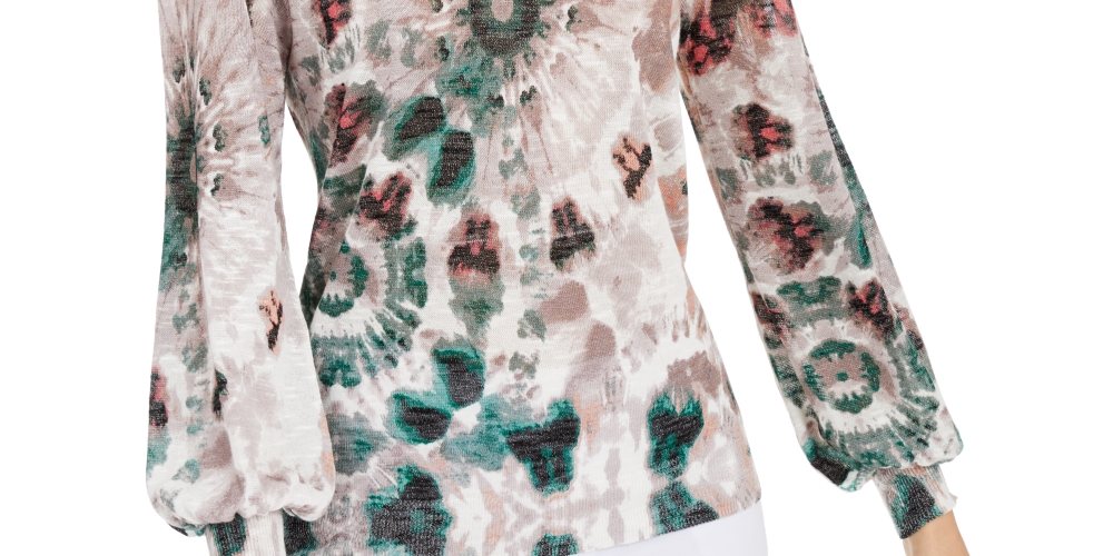 INC International Concepts Women's Printed Blouson-Sleeve Sweater Brown Size Petite M