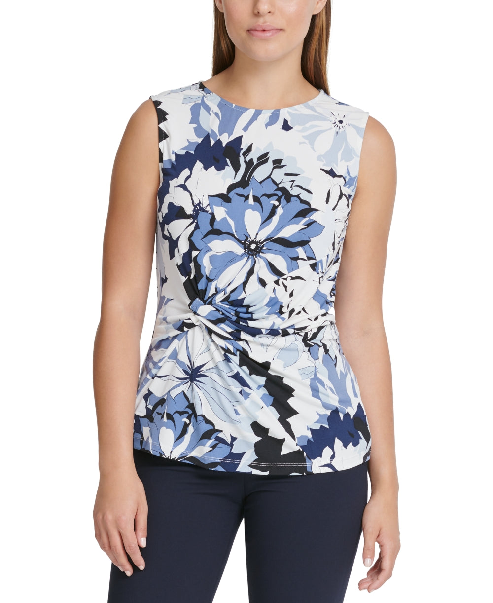 DKNY Women's Floral Print Side Knot Top Blue Size X-Large
