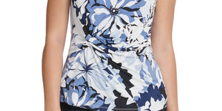 DKNY Women's Floral Print Side Knot Top Blue Size X-Large